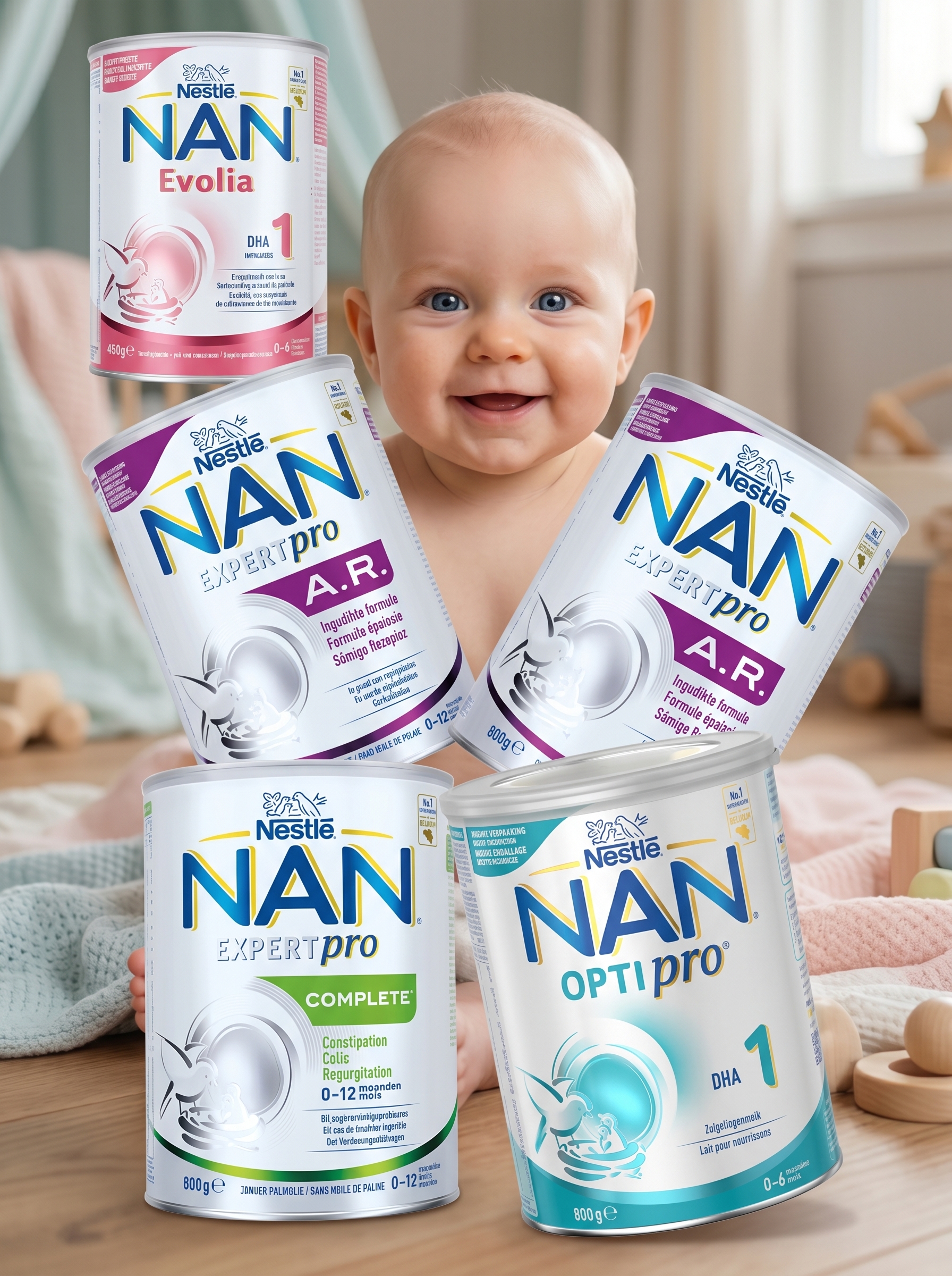 Bébé entouré de laits infantiles — gamme nutrition petite enfance
