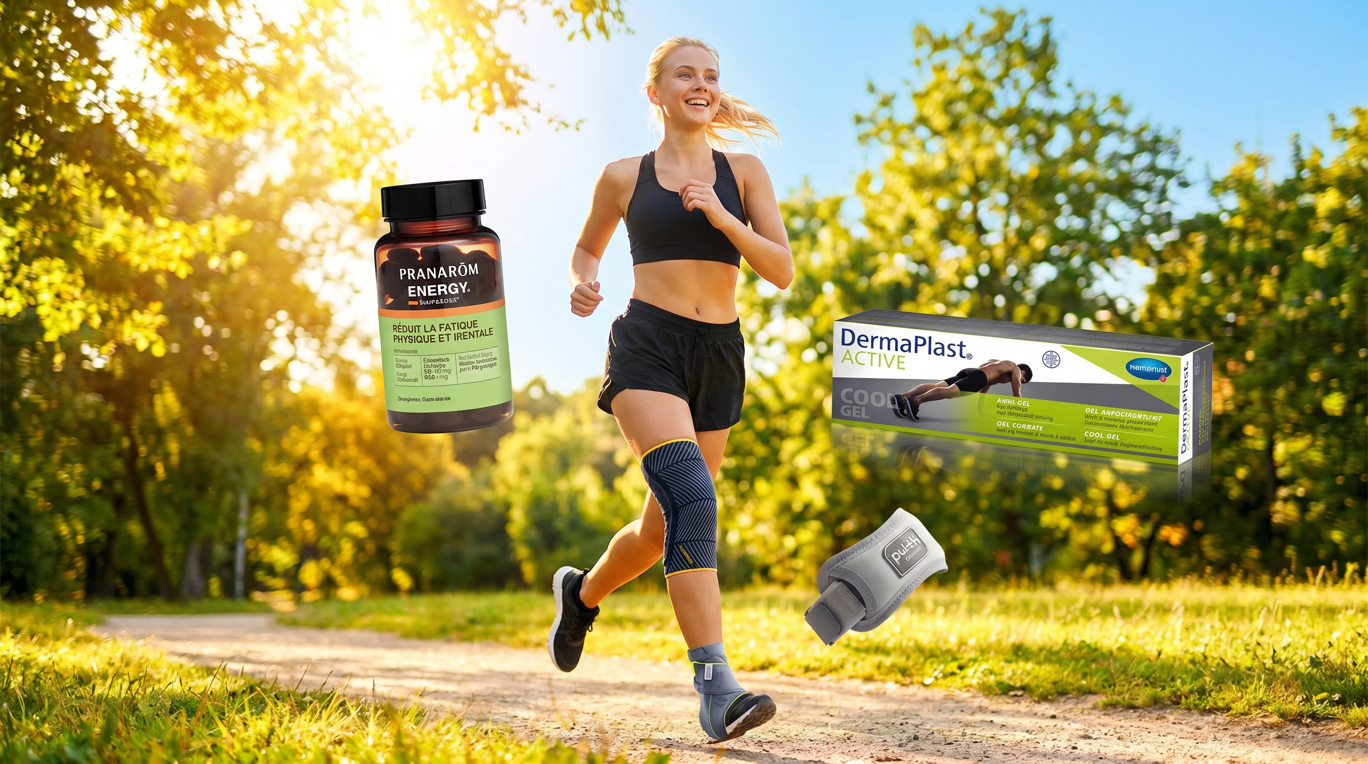 Sportive en course avec compléments et bandage de récupération